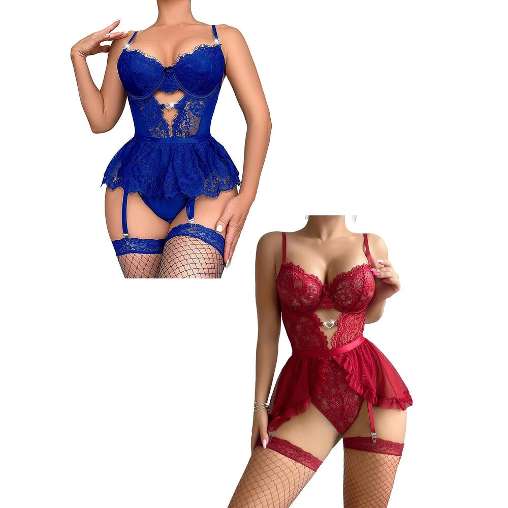 6093 Lace Lingerie Set with Garter Belts Red Lingerie Sexy Skirts Stockings